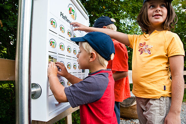 Kinder spielen Memory an einer der Erlebnisstationen auf dem Pfaffenwinkler Milchweg.