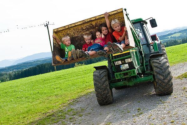 Einige Kinder sitzen in der Schaufel eines Frontladertraktors